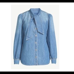 Scoop denim tie neck button down shirt SZ Small